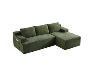 Canapé d'angle compressé en l 238x152x66 cm modulable 3 places, mousse et velours côtelé couleur vert, moderne