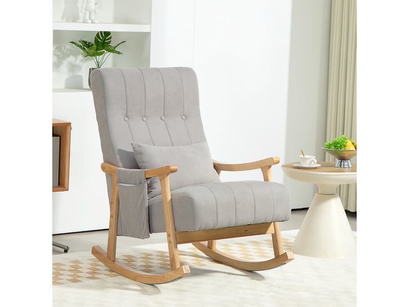  Fauteuil à bascule ulevr avec coussin lombaire et poche latérale, 90 x 65 x 98 cm, polyester gris, cadre en bois de hêtre  - Conforama B