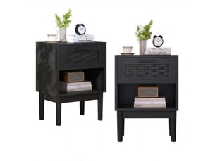 Lot de 2 tables de chevet noires, tiroir à décor tressé, style vintage, compartiment ouvert