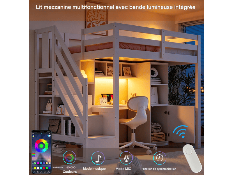  Lit mezzanine enfant 90x200 cm avec bureau, escalier avec rangement, led, prises électriques, étagères, barrières hautes, blanc Radiant Stride - Conforama E
