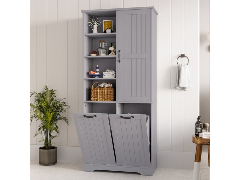 Armoire de salle de bains grise en mdf 78 x 35 x 172,7 cm, 2 paniers à linge et rangements modulables - Conforama B