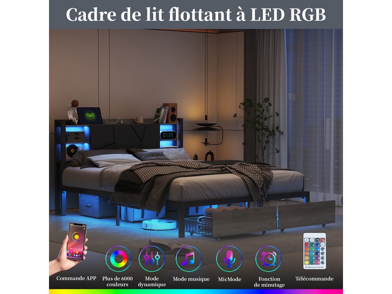  Lit 160x200cm - lit double 160x200 avec led, 2 tiroir, tête de lit de rangement, prises usbtype-c - noir  - Conforama D