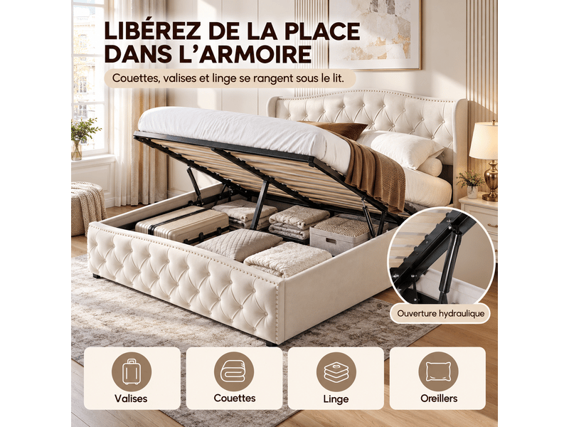Lit rembourré 140x200 cm avec sommier à lattes relevable, lit coffre hydraulique 2 places avec espace de rangement sous le lit, tête et pied de lit capitonnés en tissu velours doux, cadre de lit double tapissé pour chambre à cou… - Conforama C