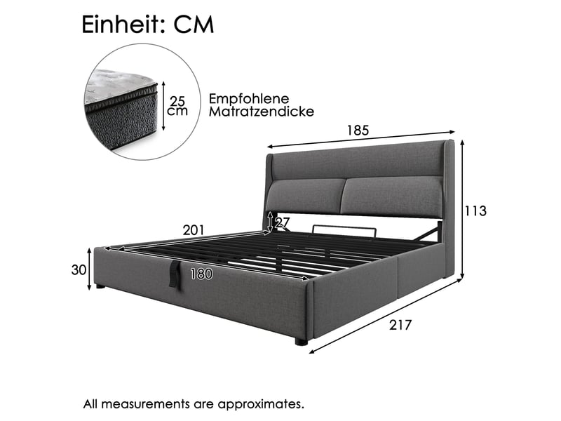  Lit coffre ulevr double 180x200 cm avec tête de lit réglable, système hydraulique de rangement, lin et métal, gris  - Conforama C