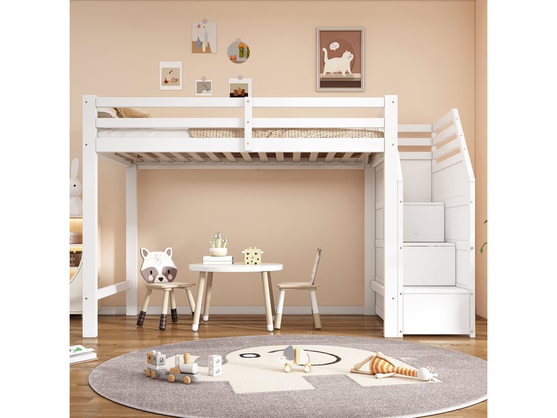  Lit mezzanine avec marches de rangement, blanc, 90x200 cm sans matelas  - Conforama B