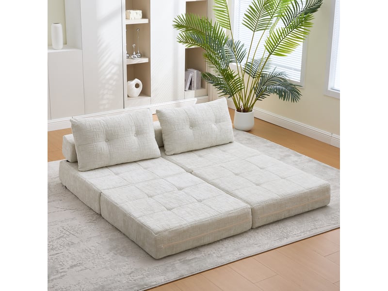 Fauteuil convertible 1 place pliable avec dossier et coussin, matelas dépliable portable pour salon, en chenille beige - Conforama D