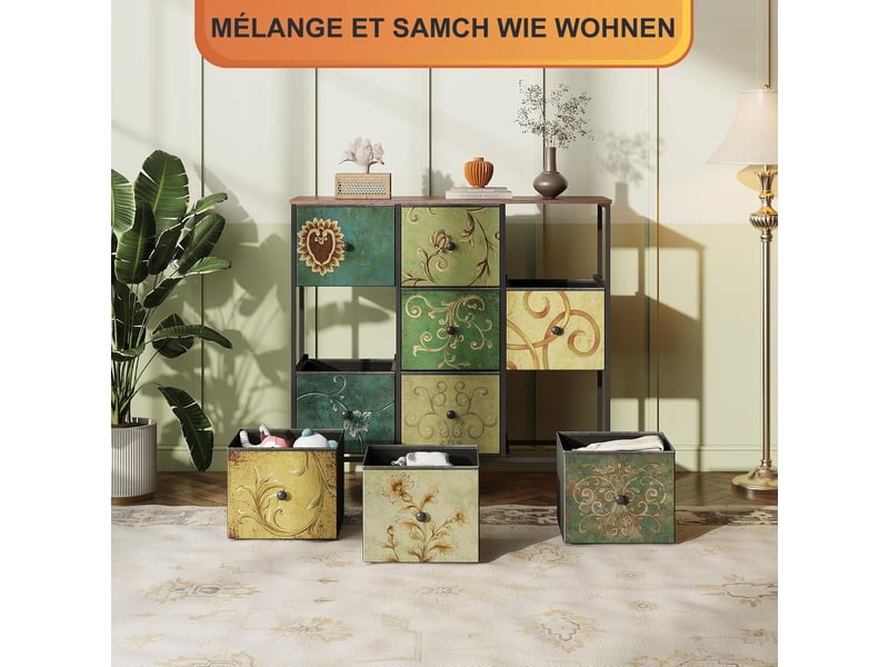  Commode 9 tiroirs, commode de rangement, tissu floral, structure en métal, pour salon, chambre, style bohème,100 x 30 x 86,5 cm  - Conforama W
