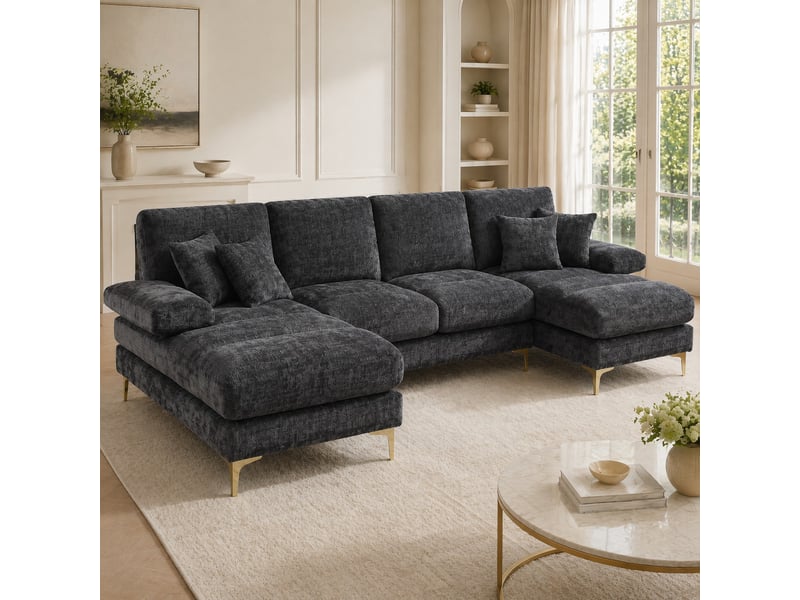  Canapé panoramique en u 4 places avec double méridienne, coussins et pieds en métal, en chenille gris 272 × 136 × 88 cm  - Conforama C