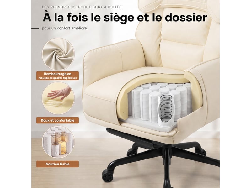 Dowinx fauteuil gaming ergonomique blanc crème avec massage, ressorts ensachés, réglages multiples, revêtement en similicuir pu, grand format - Conforama E