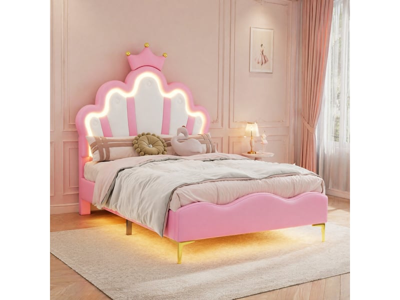  Lit enfant princesse avec led 90x200 cm en similicuir rose  - Conforama B