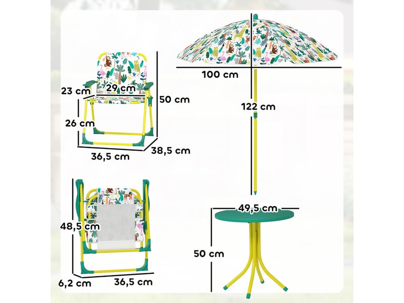  Ensemble table et chaises de jardin pour enfants 4 pièces, chaises pliantes, parasol amovible, motif jungle verte  - Conforama D