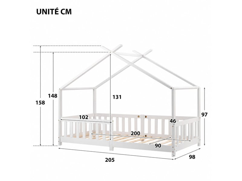 Lit cabane en bois massif, lit simple avec barrières et toit triangulaire, 200x90 cm, sans matelas, blanc  - Conforama D