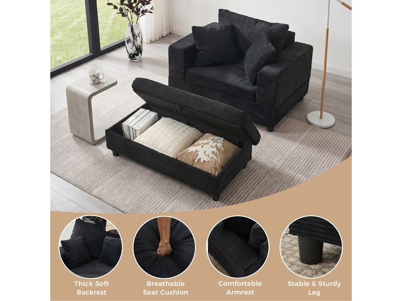  Méridienne avec repose-pieds et coffre de rangement en velours côtelé noir W3534S00003 - Conforama D