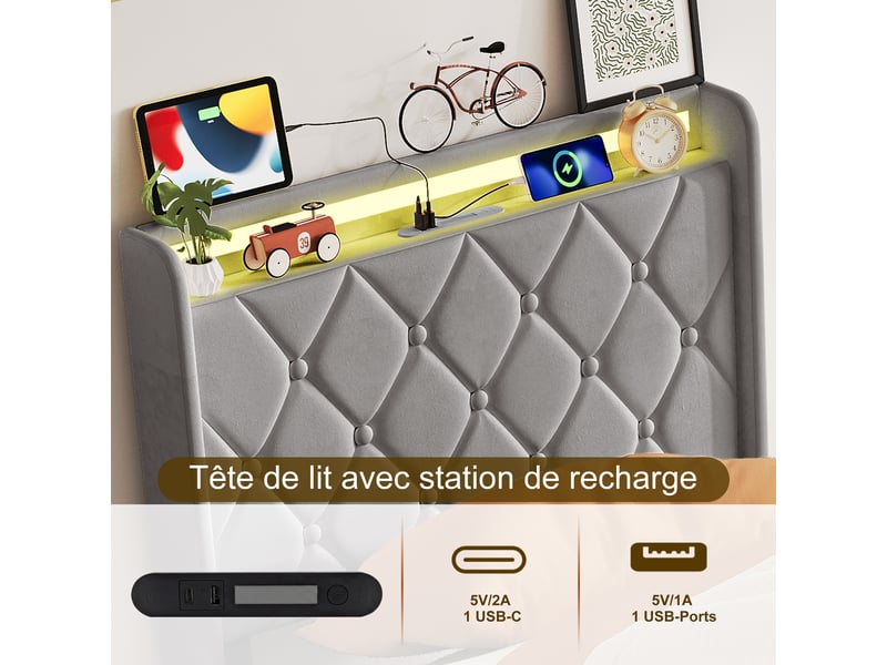  Lit simple 90x200 cm avec led,usb et type-c, lit enfant adolescent moderne, tête de lit rembourrée, velours gris  - Conforama D