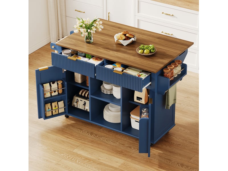 Desserte de cuisine 143x45x89,5 cm bleu et marron avec plateau rabattable - Conforama B