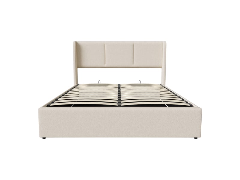  Lit coffre 140x190 cm, lit double avec rangement hydraulique et tête de lit capitonnée, tissu en lin style moderne chic, beige  - Conforama R