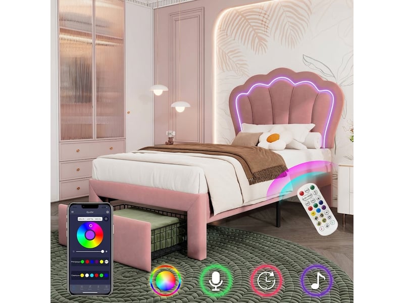  Lit enfant 90x190 velours rose avec tiroir - tête de lit réglable motif floral led rgb  - Conforama D