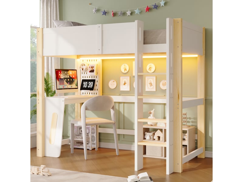 Lit mezzanine 90x200 cm en pin, bureau, panneau perforé, bandeau led, sans matelas, naturel + blanc - Conforama B