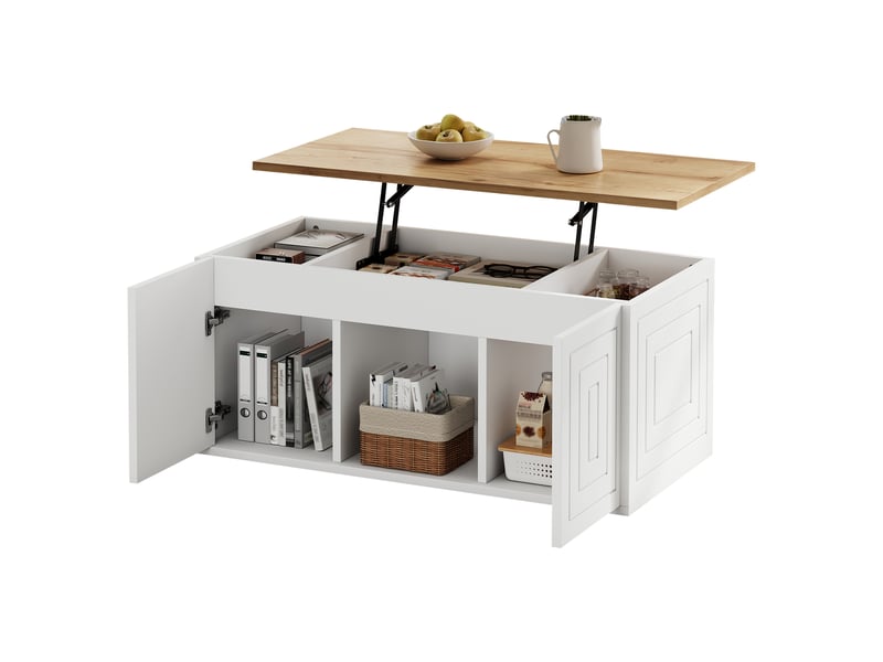 Table basse relevable 95x46x45 cm, hauteur réglable jusqu’à 59 cm, 2 portes, design épuré pour salon ou bureau, bois, blanc et naturel Sol Morn - Conforama A