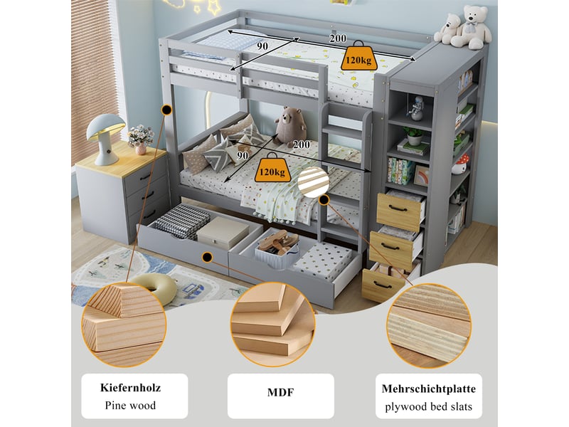  Lit superposé avec 2 tiroirs, rangement latéral et chevet mobile, gris clair et naturel, 90 × 200 cm  - Conforama D