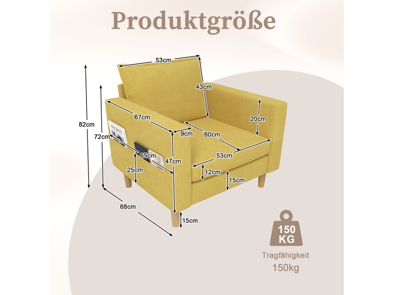  Fauteuil scandinave 71x68x82 cm, poche de rangement, coussin, canapé 1 place, pour salon, chambre, tissu chenille jaune  - Conforama C
