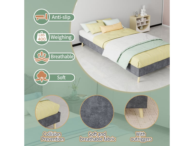  Cadre de lit 90x200 cm gris en velours hollandais - structure solide sans tête de lit  - Conforama R