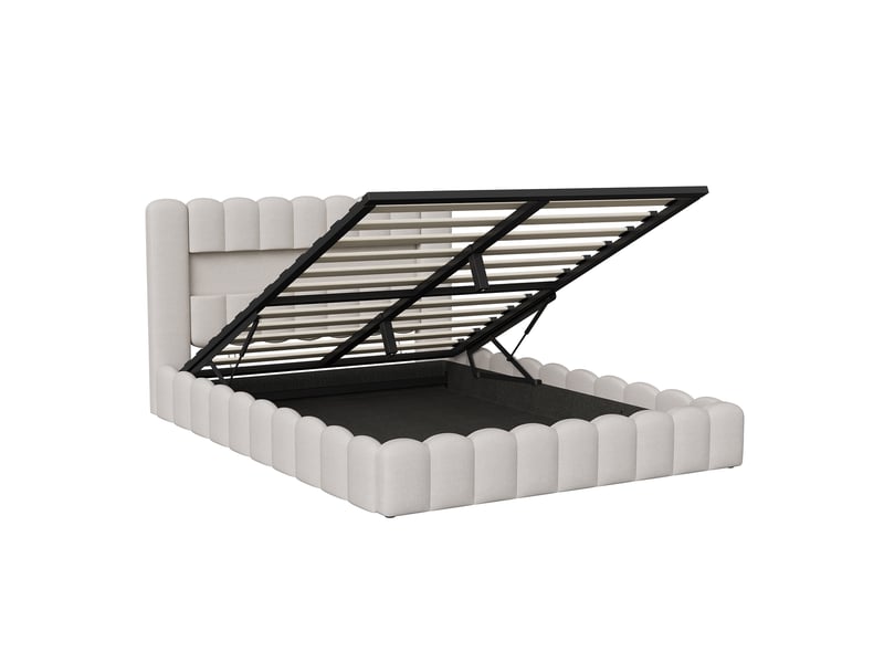  Lit coffre capitonné 160x200 cm, lit 2 places avec sommier, led et usb, rangement et tête de lit, lit adulte en lin, beige  - Conforama W
