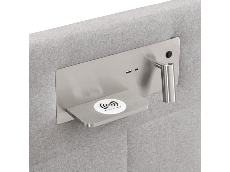  Lit coffre adulte 180x200 cm, port usb, chargeur sans fil, lampe d'éclairage et sommier, lin gris, sans matelas  - Conforama E