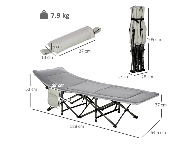  Lit de camp pliable et rembourré avec poche de rangement, 188 x 64,5 x 53 cm, gris clair  - Conforama E