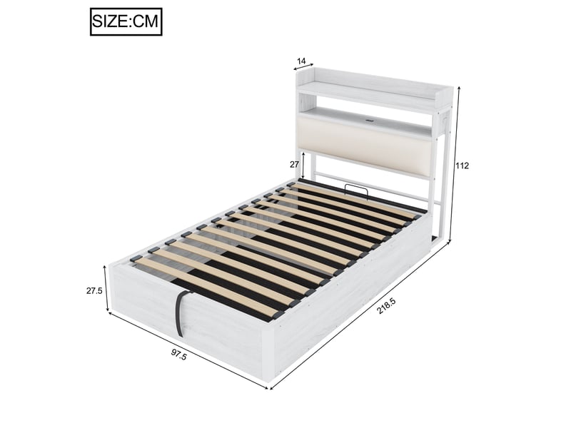 Lit 90x200 cm coffre hydraulique, tête rembourrée, usb – design bois et métal blanc, rangement pratique - Conforama C