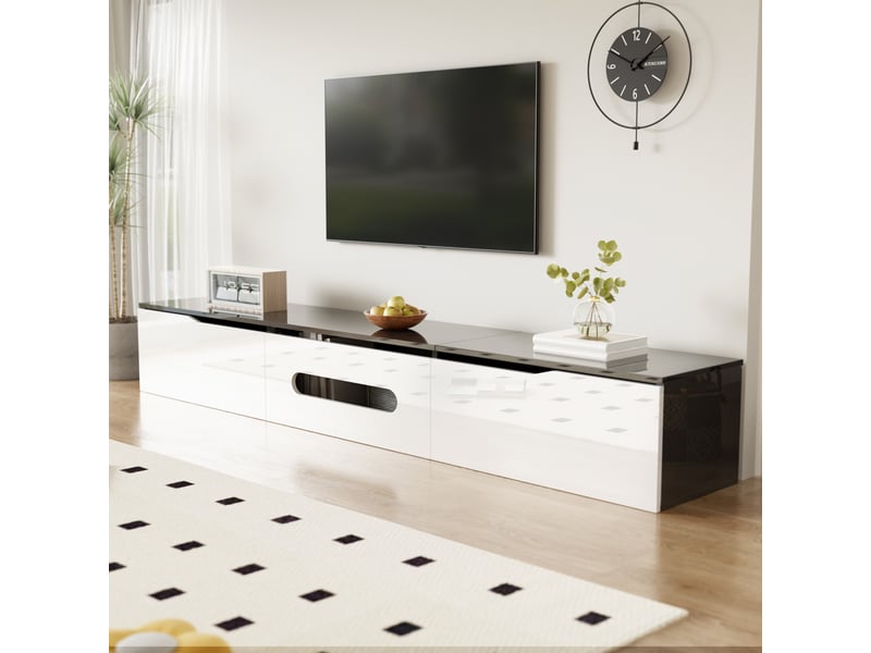  Vitrine &amp; meuble tv 180×30×35 cm – noir + blanc laqué, led 16 couleurs  - Conforama E