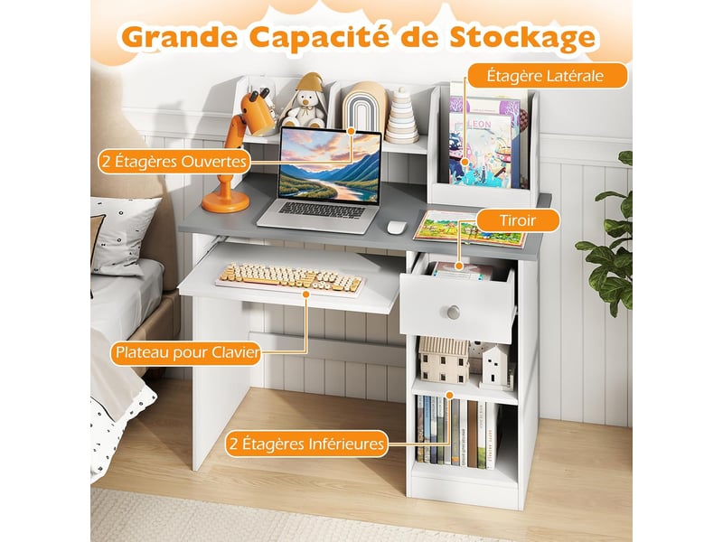 3 en 1 bureau enfant avec rangement, avec 1 tiroir 2 étagères, table enfant en bois avec plateau à clavier, 90x45x90cm (gris)  - Conforama D