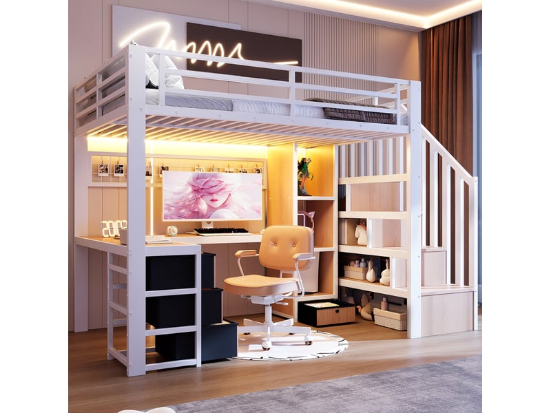  Elvmi lit mezzanine enfant 90x200 cm avec bureau intégré, éclairage led contrôlable par application, escalier de rangement, 4 tiroirs, étagère, grille de suspension, structure en métal et mdf, blanc  - Conforama B
