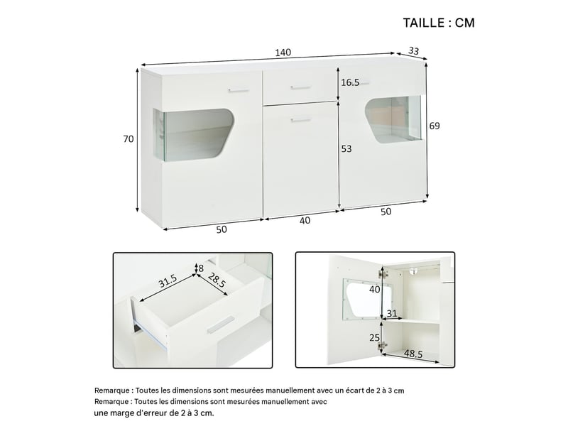  Buffet 3 portes et 1 tiroir avec led finition brillante blanc 140 x 33 x 70 cm N625P494729730W - Conforama C