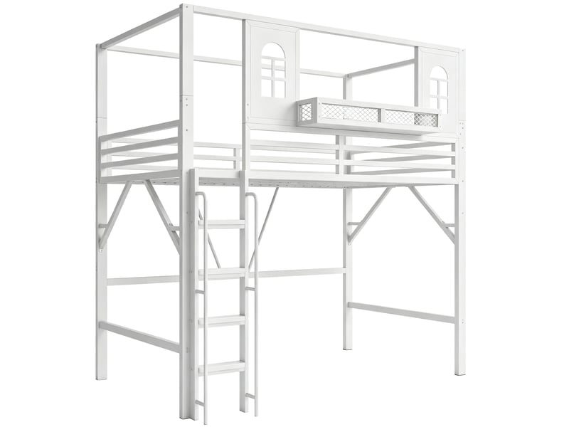  Lit mezzanine enfant en métal blanc 90x200 cm, toit, échelle et espace de jeu  - Conforama D