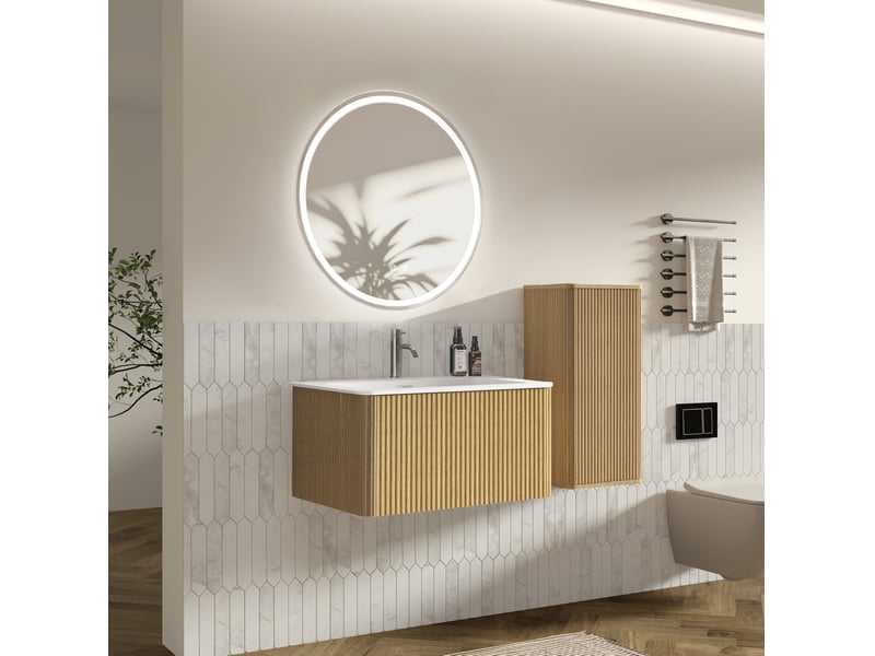 Meuble sous vasque suspendu avec lavabo, colonne et miroir led réglable antibuée pour salle de bain en mdf chêne - Conforama E