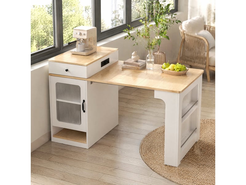  Table à manger extensible avec rangements et prises intégrées, blanche et effet bois naturel, 80 × 71111151 × 92 cm  - Conforama B