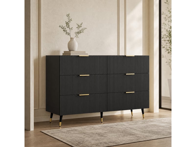  Buffet et enfilade avec 6 tiroirs, façades ondulées et pieds dorés en panneaux de particules 120×40×77 cm noir  - Conforama B
