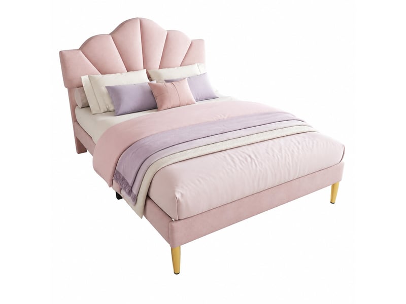 Lit double 190×140 cm en velours rose, tête de lit coquille réglable, sommier à lattes, sans matelas - Conforama A