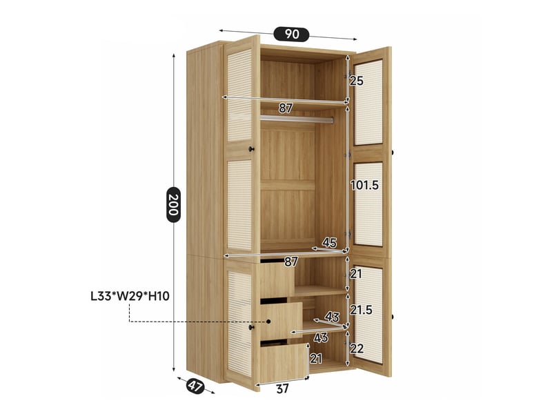  Armoire chambre 90x47x200 cm, penderie avec portes en rotin, garde-robe moderne en mdf style bohème, avec 1 tringle et 3 tiroirs, chêne  - Conforama E