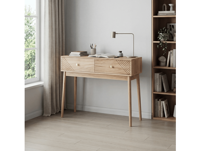  Console 100x35x80 cm style mid-century chêne clair avec 2 tiroirs  - Conforama D