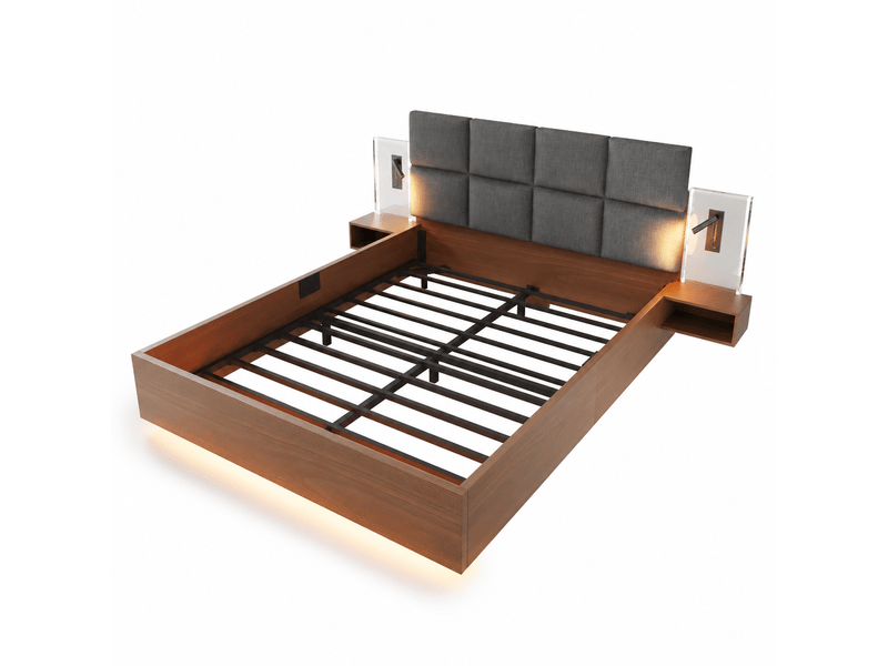  Lit 160 × 200 cm effet noyer avec chevets, liseuses, usb-c et led Fay Lum - Conforama R