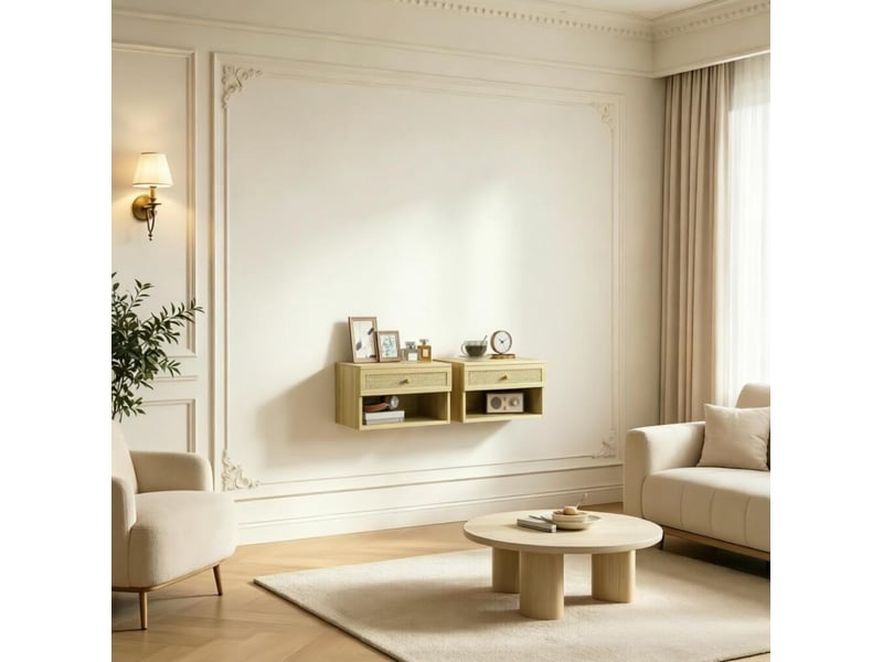  Lot de 2 tables de chevet murales 40 x 34 x 23 cm avec tiroir, naturel  - Conforama D