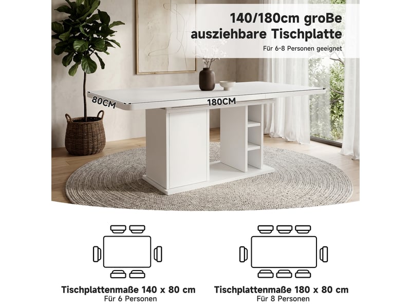  Table à manger extensible blanc 140–180 × 80 × 75cm, rangements intégrés, plateau extensible, aspect bois  - Conforama E