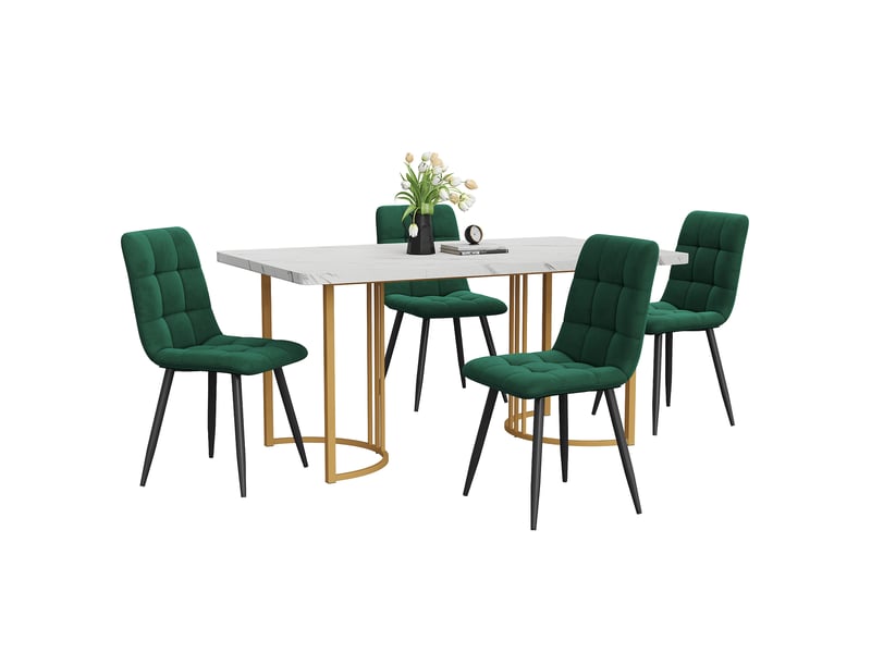  Ensemble table à manger et 4 chaises, table de cuisine 140 x 80 cm, plateau blanc effet marbre, pieds dorés, velours vert foncé  - Conforama A