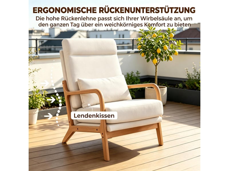  Fauteuil de salon 64x86x93cm – chaise d'accent avec coussin lombaire et dossier haut – lin - beige  - Conforama E