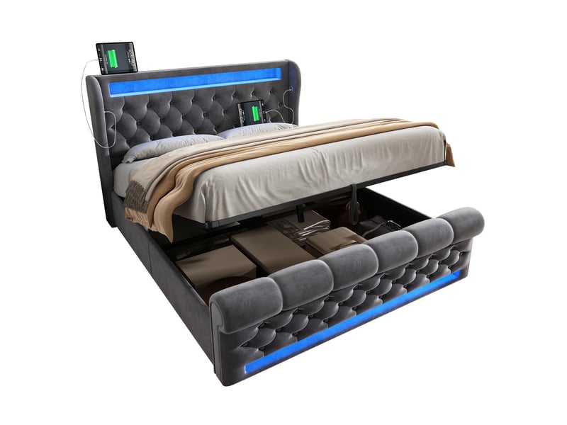  Lit double 140 x 200 cm gris en velours avec rangement hydraulique, led, usbtype-c et matelas  - Conforama A