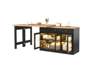 Îlot de cuisine extensible led 120-200 cm, 3 tiroirs, portes vitrées, commande application, blancnoir