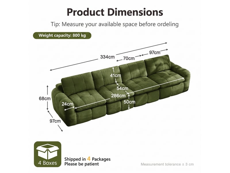  Canapé 4 places, revêtement en tissu chenille, sans assemblage, vert  - Conforama D