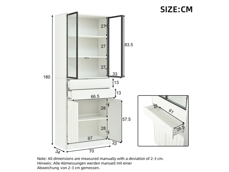  Vitrine haute 70 x 34 x 180 cm blanche en panneaux de particules, led bluetooth, 2 tiroirs et 4 portes  - Conforama C